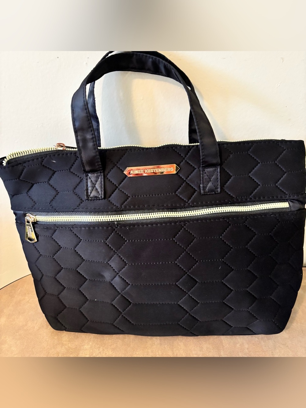 Aimee Kestenberg Black Quilted Nylon Tote with Front Zip
